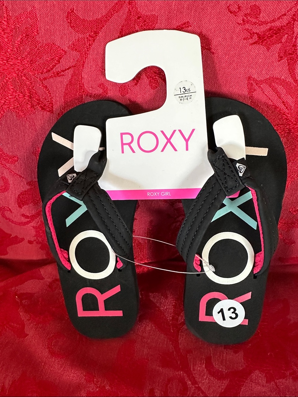 Roxy Black Flip Flops with Pink & Blue Logos